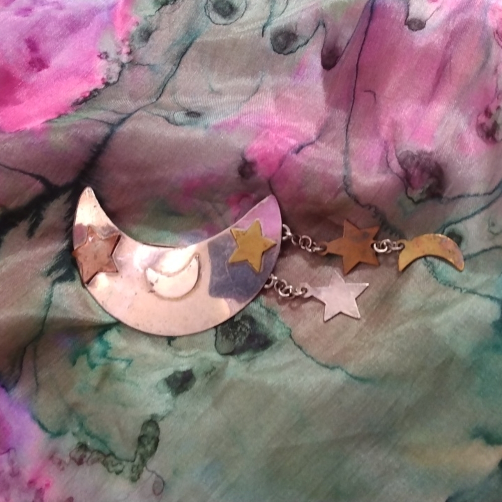 Sterling moon and stars brooch